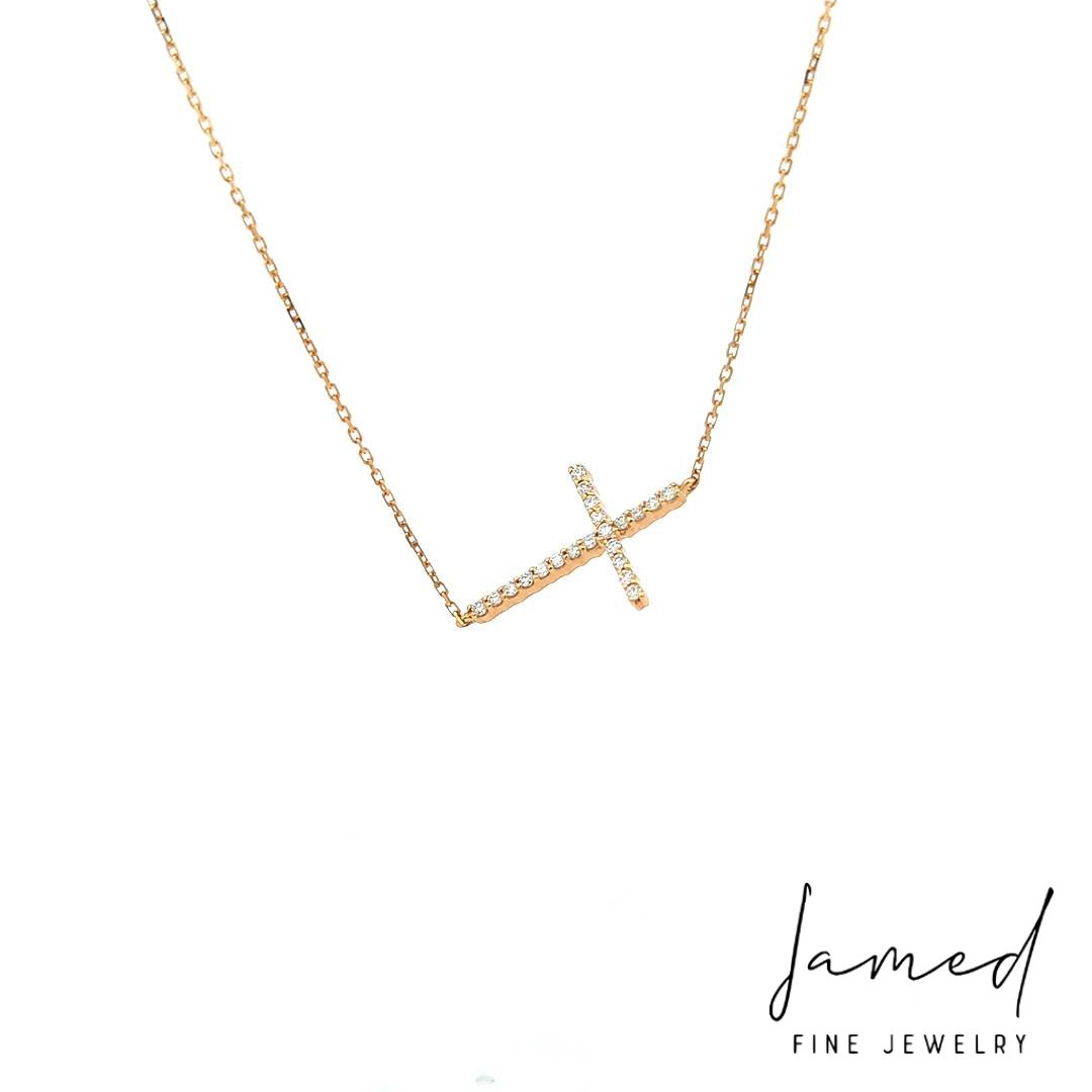Diamond Sideways Cross Necklace with in Yellow Gold