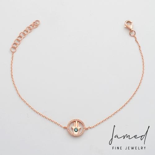Blue and White Hamsa Bracelet in Rose Gold