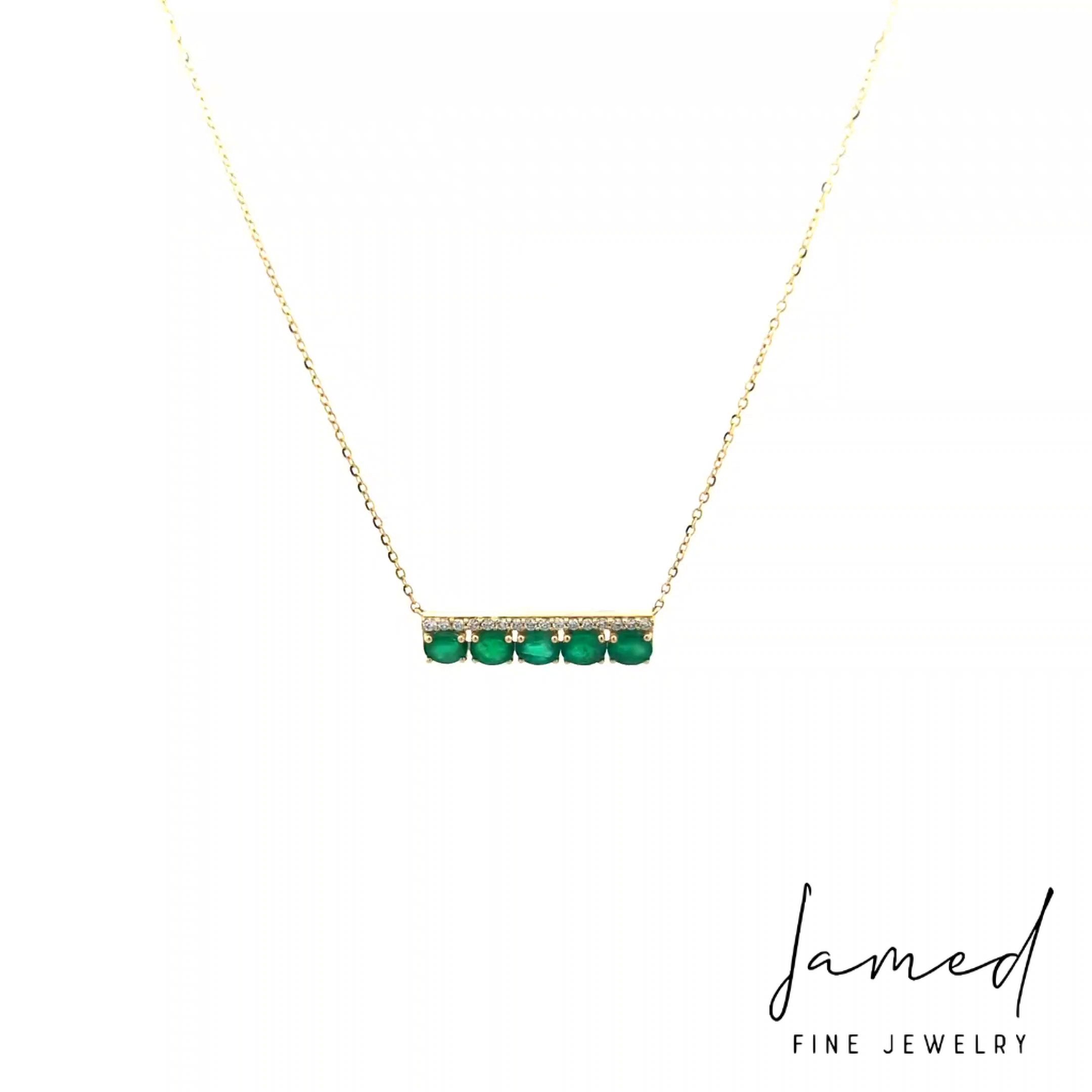 Diamond and Emeral Bar Necklace . in Yellow Gold