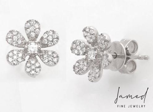 6 Petal Flower Diamond Earrings in White Gold