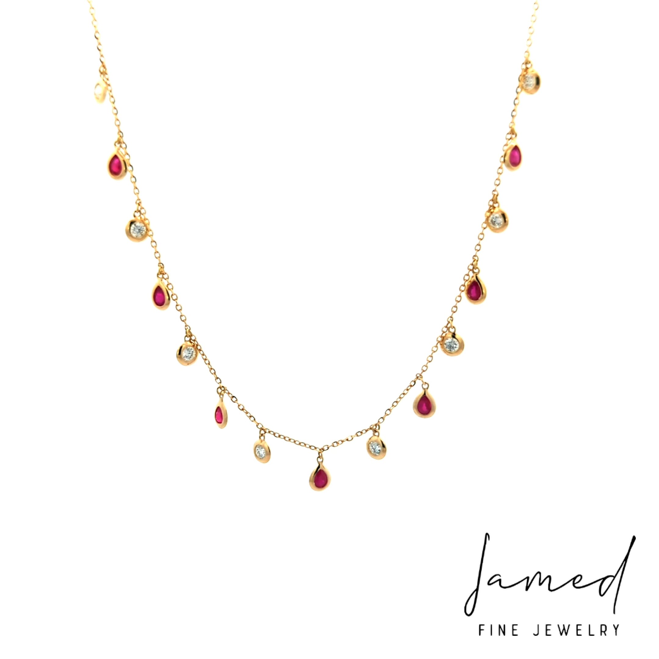 Diamond and Ruby Dangling Necklace Ruby, Diamond in Yellow Gold