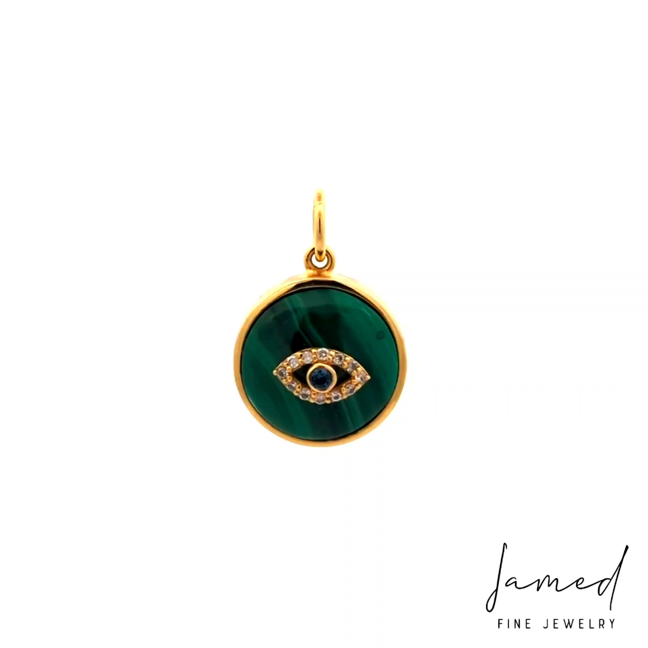 Malachite Round Evil Eye Diamond Pendant in Yellow Gold