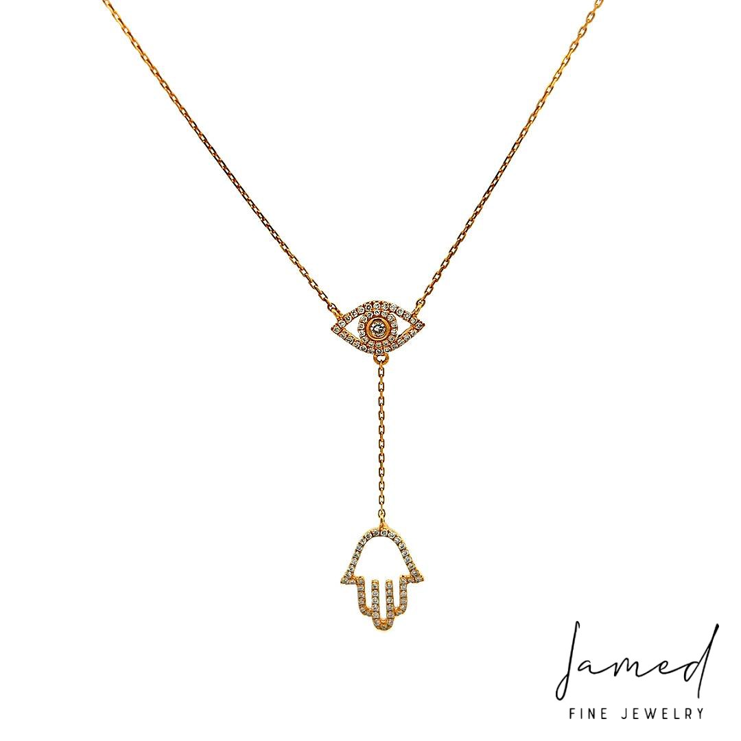 Diamond Evil Eye Whith Hamza Necklace with in Yellow Gold