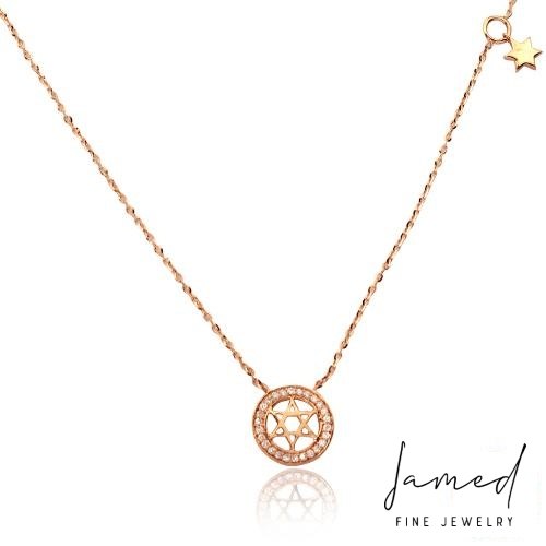 Diamond Star of David with Circle Border Necklace in Rose Gold