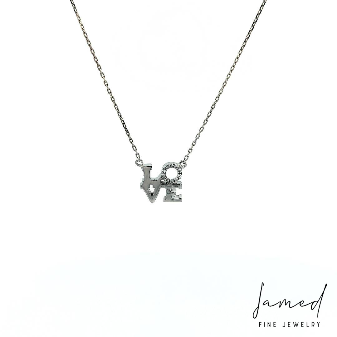 Diamond Square Shaped "LOVE" Necklace with in White Gold