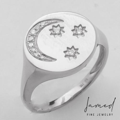 Pinky Crecent and 3 Stars Diamond Ring in White Gold