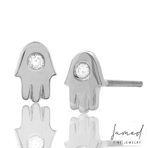 Diamond Single Stone Hamsa Earrings Stud in White Gold