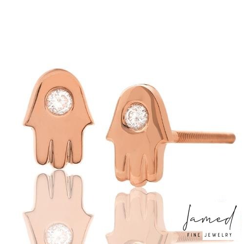 Diamond Single Stone Hamsa Earrings Stud in Rose Gold