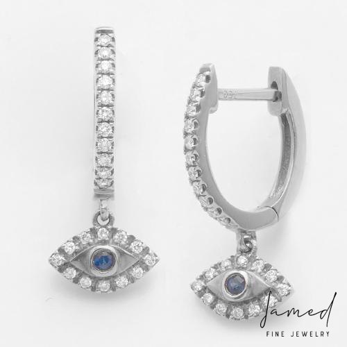 Diamond Evil Eye Dangling Earrings in White Gold