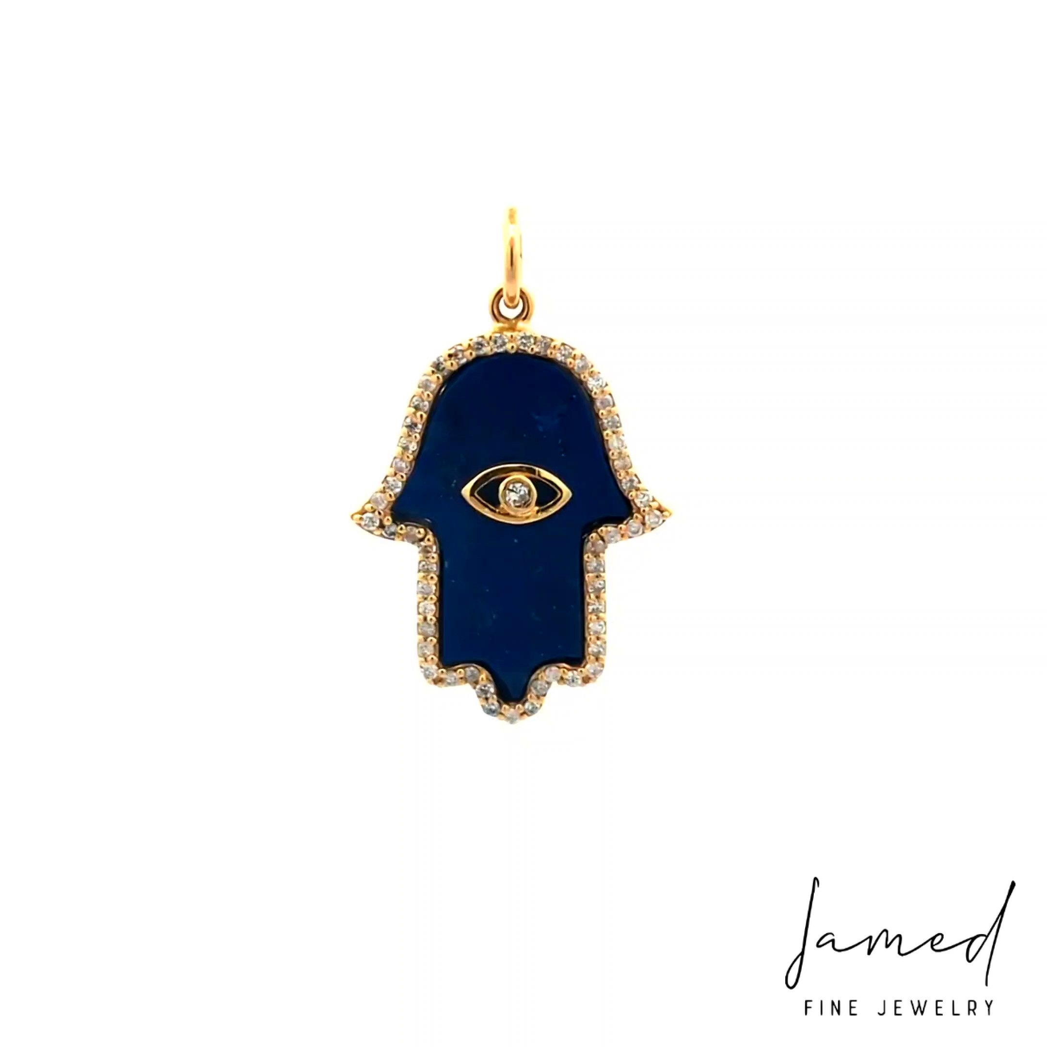 Lapis Hamsa Diamond Pendant in Yellow Gold