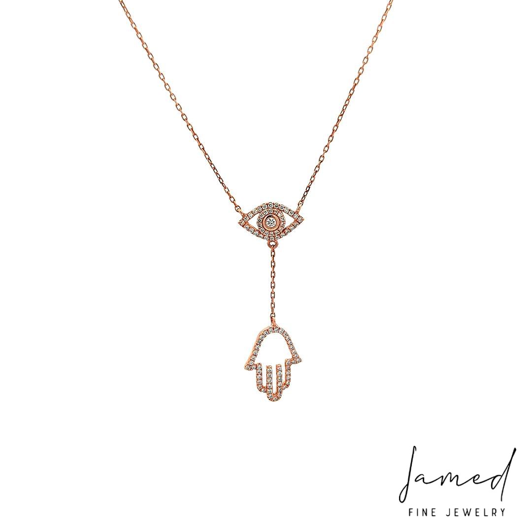 Diamond Evil Eye Whith Hamza Necklace with in Rose Gold