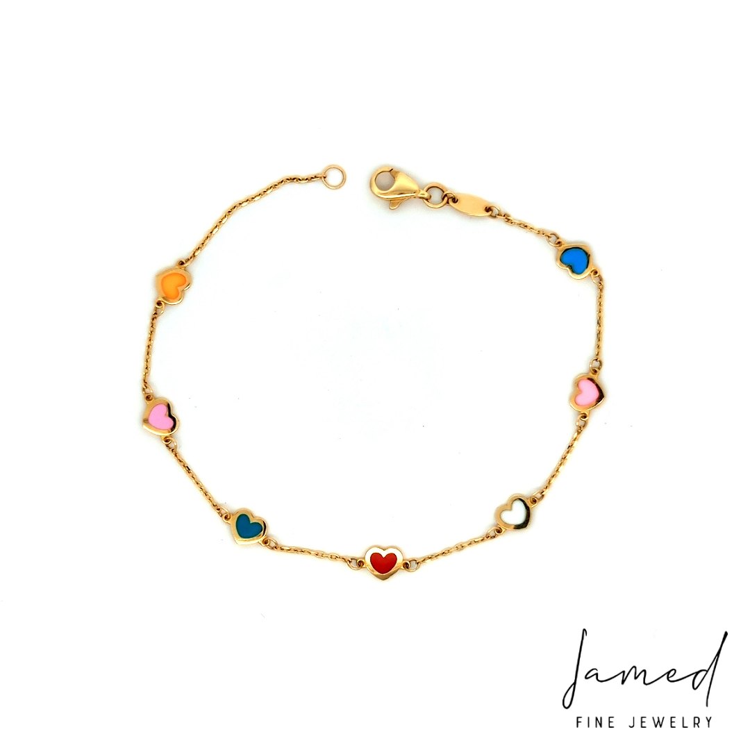 Multicolor Heart Bracelet in Yellow Gold